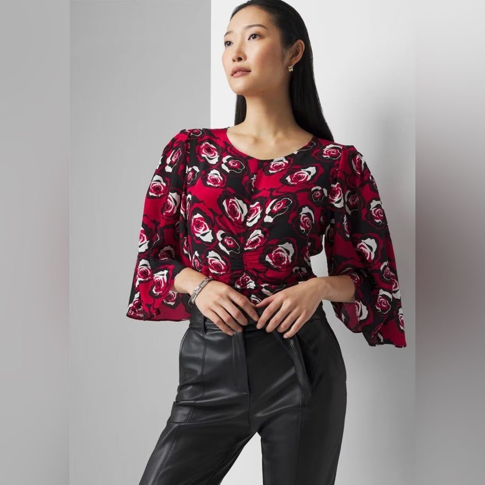 White House Black Market Rose Print Blouse SZ S Elbow Sleeve Kimono V Neck Red